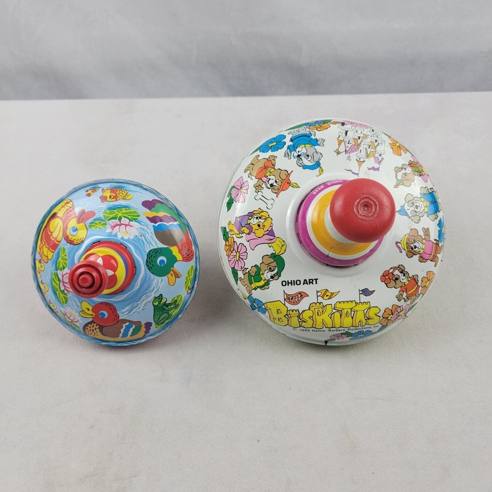 Set Of 2 Tin Metal Tops Ohio Art The Biskitts 1984 Hanna-Barbra And Ducks‎